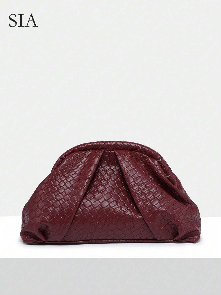 女士复古简约串珠亮片热带植物编织压花安哥拉红铆钉装饰大容量褶皱云夹手拿包，适合派对、郊游和日常穿着 - 酒紅色 - 查看 1