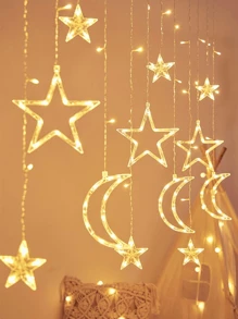 1 Set Of 12 Pieces Twinkling LED Curtain String Lights Star And Moon String Star Moon Lights  Christmas Decoration Lights Suitable For Wedding Valentine's Day Home Garden Bedroom Outdoor Indoor Wall Decoration