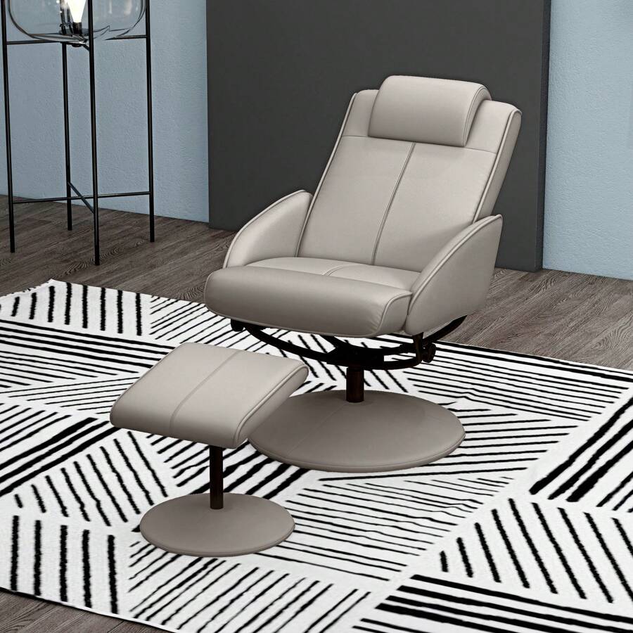 HOMCOM Recliner Chair And Footstool, Swivel PU Leather Upholstered Armchair With Footstool And Adjustable Backrest For Living Room, Bedroom, Grey
