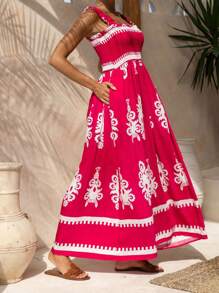 Women's Summer Long Cami Dress Sleeveless Open Back Boho Pattern Print Vacation Dress - Red - View 5