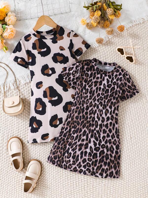 2pcs/Set Young Girl Leopard Print Round Neck Short Sleeve Dress, Summer