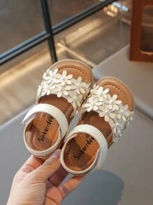 1 para dziewczęcych sandałów PU Pearl Hook & Loop Strap Flat Cute, odpowiednich na lato