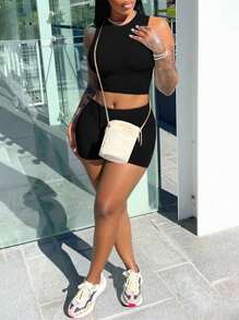2pcs Women's Fashionable American Sporty Casual Commuting Outdoor Shaping Set, Suitable For Graduation Season, Independence Day - Black - View 2