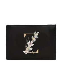 A Black Makeup Bag With The Initials A~Z Printed On It, Featuring A Green Leaf Pattern Print,Cosmetic Bag,Portable Wash Bag,Teacher's Day Gift, Reusable Makeup Bag, Women's Simple And Large Capacity Travel Makeup Bag