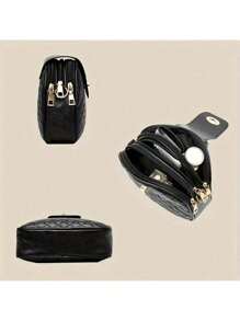 女士黑色轻便户外步行手机迷你圆形包，3 个拉链口袋可调节肩带，绗缝钻石图案，多功能斜挎单肩包 - 黑色 - 查看 7