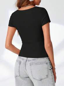 GEREARC Women's Summer Scoop Neck Short Sleeve Cute T-Shirts Ribbed Knit Slim Fitted Casual Basic Top - Black - View 2