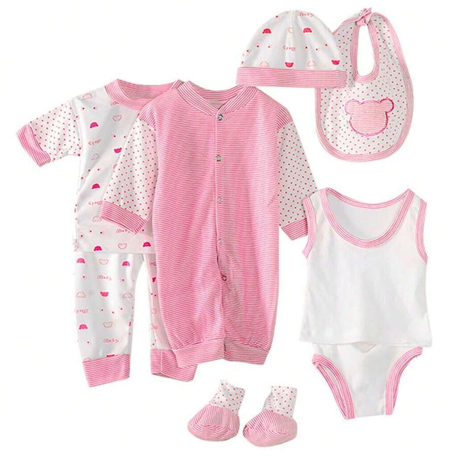 Set De Bienvenida Para Recién Nacido Regalo Bebé 8 Piezas,Juego de 8 Piezas Ropa de Bebé Recién Nacido para Niña y Niño, Monos Unisex para Bebés de 3 a 6 Meses, conjunto de pantalones y pelele para bebé, camisetas, gorro, pantalones, babero y calcetines - Rosa - Ver 1