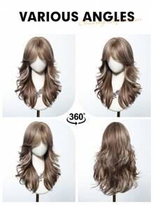 20 英寸优雅时尚棕色混合金色挑染合成假发，带刘海，渐变棕色长波浪分层假发，适合女士日常派对角色扮演假发