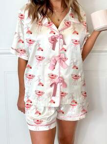 Women Cute Two Piece Pajama Set Y2K Goblet/Western Cowboy Boots/Bow Printed Short Sleeve Bow Tie Front Button Shirts Wide Leg Shorts Pjs Set Preppy Matching Lounge Sets Aesthetic Summer Casual Loungewear Martini Sleepwear Outfit - Hồng - Xem 4