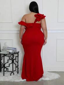 Plus Size Elegant High Slit Ruffle Hem Formal Dress, Party Dress, Wedding Guest Dress - Red - View 4
