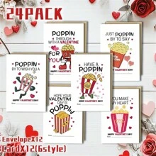 Paquete de 24 tarjetas de felicitación del Día de San Valentín con tema de palomitas de maíz, con sobres, tarjetas de papel de colores mixtos, tarjetas en blanco para ocasiones múltiples para amigos, familiares, compañeros de clase