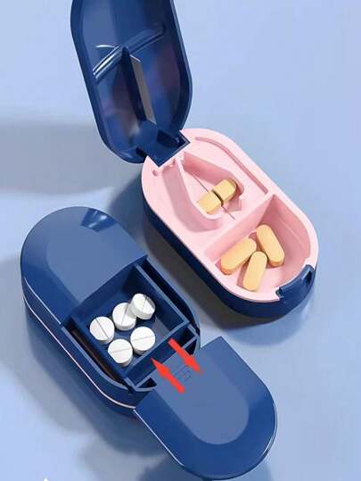 1 pieza Caja organizadora portátil de medicamentos, cortador y divisor de pastillas, conveniente para almacenar y transportar medicamentos de manera práctica, cabe en el bolsillo o billetera para viajar