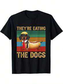 Men's "They're Eating The Dogs" Dachshund Vienna Sausage Graphic T-Shirt - Casual Black Cotton Tee With Colorful Stripe Detail, Round Neck, Short Sleeve - Perfect For Summer Outings & Sports