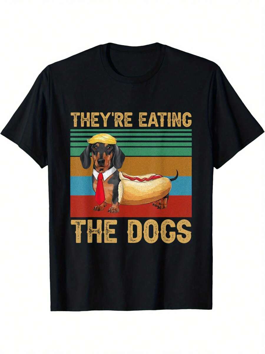 Men's "They're Eating The Dogs" Dachshund Vienna Sausage Graphic T-Shirt - Casual Black Cotton Tee With Colorful Stripe Detail, Round Neck, Short Sleeve - Perfect For Summer Outings & Sports