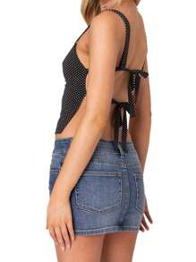 Women Tie Back Camisole Slim Dot Print Square Neck Backless Crop Cami Tops Summer Streetwear - 黑色 - 查看 8