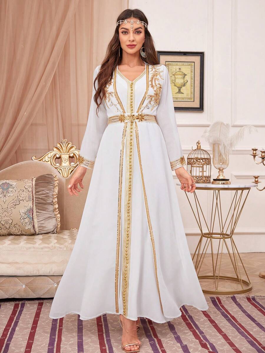 Women's Sequin Beaded Long Sleeve 2-Piece Set, Elegant - White - View 1