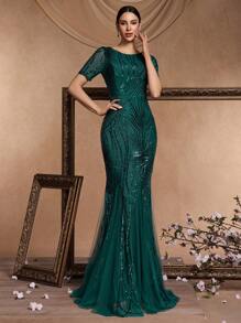 XUIBOL Sequin Mermaid Formal Dress, Elegant Prom Evening Wedding Guest Gown, For Graduation, Dinner Party Dress