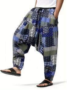 Men's Print Arabian Style Harem Pants, Casual Loose Fit Dropout Crotch Trousers, Flowy Breathable Holiday Beach Yoga Pants