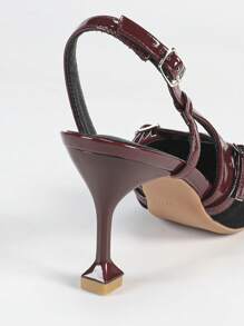 Women's Modern Stiletto Contrast Color Mule Shoes, Fashion Versatile Pointed Toe High Heels - Burgundy - View 6
