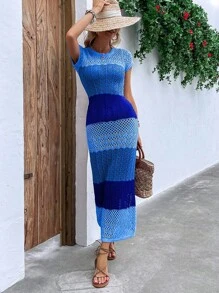 Women's Summer Striped Hooded Dress, Casual Vacation Long Sleeve Hollow Out Bodycon Beach Dress, Elegant Round Neck Fitted Dress, Minimalist Retro Back To School Autumn Long Party Dress - Blue - View 6