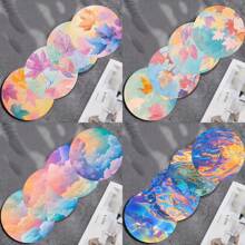 4pcs Set Iridescent Dreamy Watercolor Design Wooden Coasters - Faux Wood Drink Coasters, Desk Protection, Retro Cork Bottom Coasters, 3.94 Inches Diameter