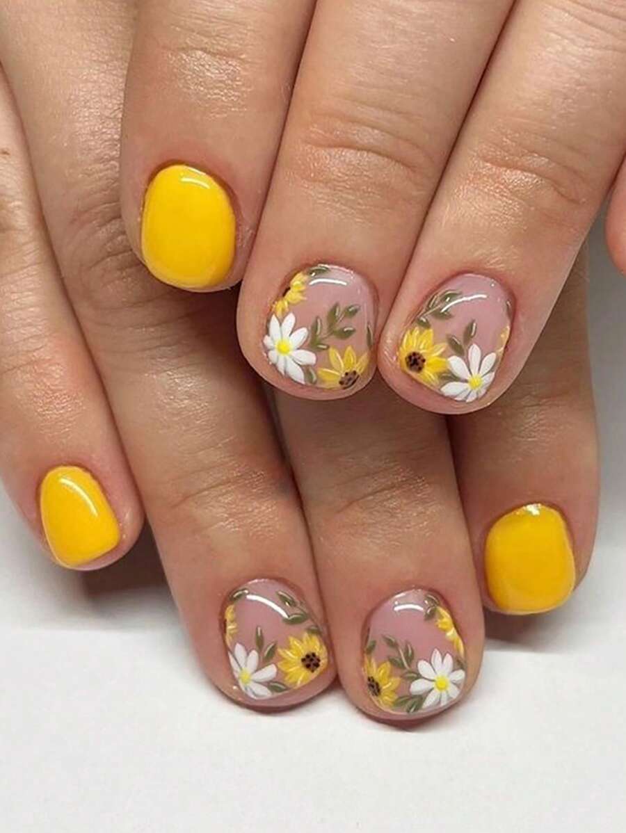 24Pcs Short Square Nails, Creative Spring Solid Color Flowers Yellow French Fake Nails Manicure, Suitable For Girls To Wear, Press Nails. Press On Nails Nail Supplies Nails - Multicolor - View 1