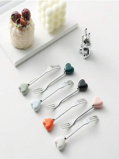 2/5/10個カラフルな陶器製ハンドルスプーン&フォークセット、創造的なステンレス鋼フルーツフォークと陶器製ハンドルスプーン