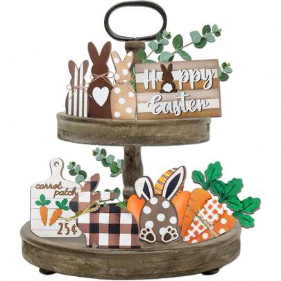 6PCS Easter Bunny Tiered Tray Decor, Farmhouse Tiered Tray Decorations, Happy Easter Bunny Carrots Buffalo Plaid Wooden Signs, Spring Rustic Rabbit Decor For Home Table Mantel Church Party Gifts Birthday Graduation