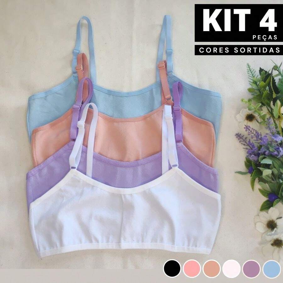 Kit 4 Sutiãs Infantil Juvenil Básico Sem Bojo Algodão Liso Dia a Dia Menina Maya Conforto Qualidade
