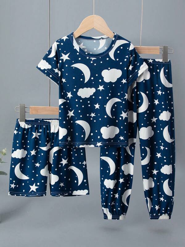 Set de 3 piezas para niño pequeño con camiseta, pantalones cortos y pantalones con estampado de estrellas y lunas, conjunto informal, ligero para primavera/verano
