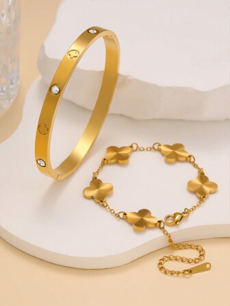 时尚纹理四叶草不锈钢女士手链套装，适合多种场合，情侣，宴会，聚会，礼物