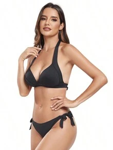Ensemble bikini femme avec Top court et bas de couleur unie avec nœud, design taille nouée, convient pour les vacances d'été à l'île - Noir - Voir 4