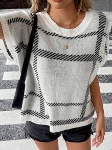 Knit Mix Loose Casual Women Pullover Sweater, Plaid Pattern Round Neck Oversized Knitted Top, Commuting Style (Random Stripes) - White - View 1