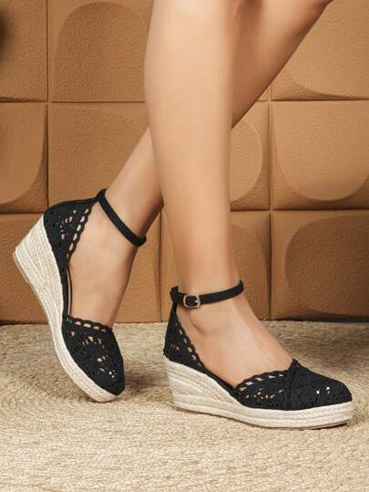 Women's Hemp Rope Wedge Lace Openwork Casual Closed Toe Round Toe Hollow Out Platform High Heel Straw Woven Sandals, Versatile Fisherman Sandals