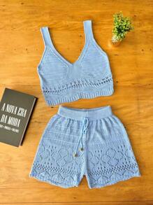 Women's Summer Fashion Knitted Beach Cover-Up Set Shorts And Lace Crochet Top - Màu xanh nhạt - Xem 2