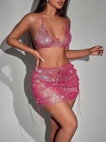 Rave Festival 2 件套水钻渔网透明网眼短款露背上衣和抽绳侧身紧身裙（不含手套）俱乐部比基尼套装，适合海滩度假夏季 - 玫紅色 - 查看 4