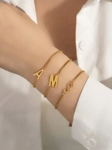 26 pièces Bracelet ajustable avec perles à lettre initiale, bracelets en acier inoxydable de couleur dorée convenant pour le port quotidien des femmes