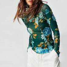 Women's Long Sleeve Mesh Tops See Through Sheer Tee Shirts Mock Neck Floral Print Crop Tops Y2K Layering Top Blouses For Party Club Casual - 綠色 - 查看 1