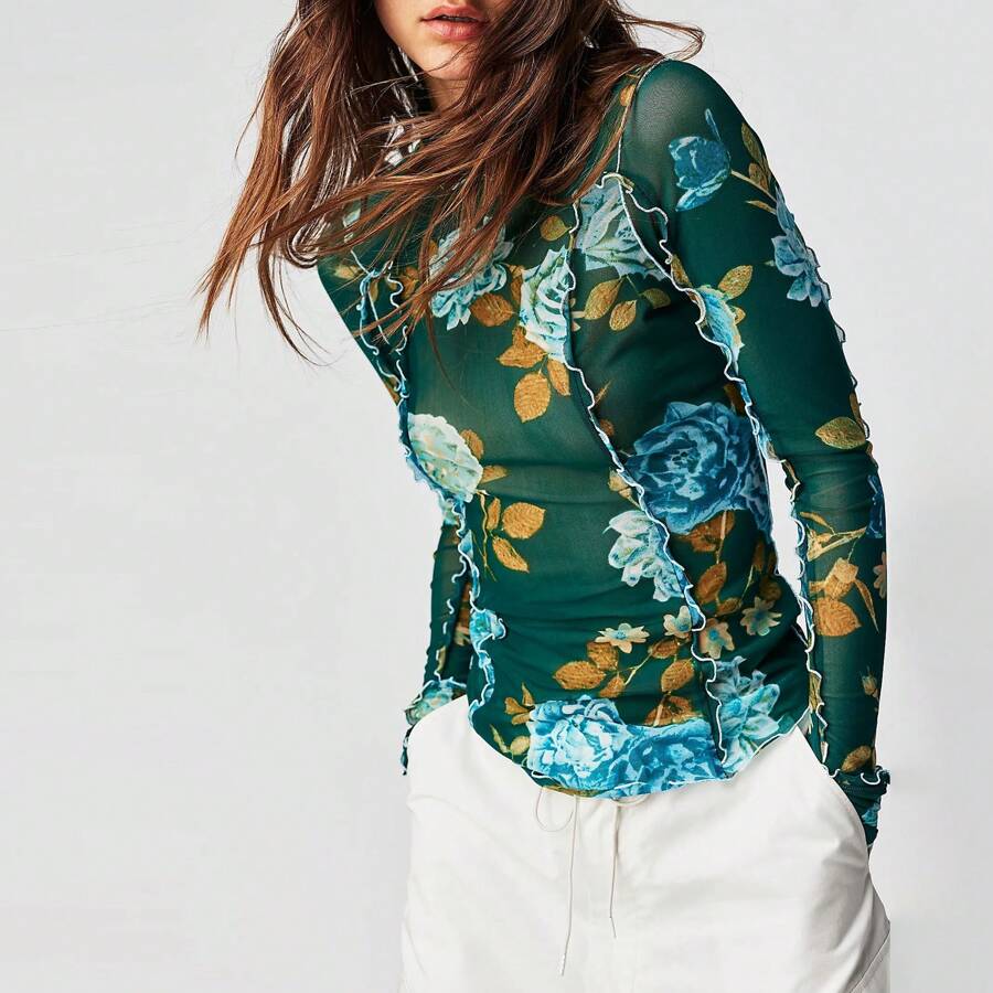Women's Long Sleeve Mesh Tops See Through Sheer Tee Shirts Mock Neck Floral Print Crop Tops Y2K Layering Top Blouses For Party Club Casual - 綠色 - 查看 1