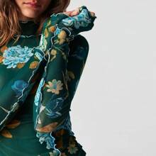 Women's Long Sleeve Mesh Tops See Through Sheer Tee Shirts Mock Neck Floral Print Crop Tops Y2K Layering Top Blouses For Party Club Casual - 綠色 - 查看 3