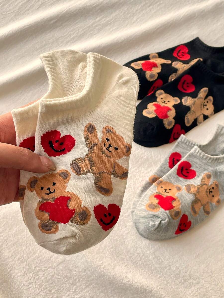 1/3 Pairs Of Women's Invisible Socks, Love Bear Ankle Socks, Suitable For All Seasons, Random Colors - View 1