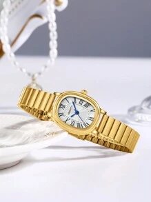 1 Stück Damen Edelstahl Band Vintage Römische Ziffern Zifferblatt Quarz Armbanduhr, geeignet für den täglichen Gebrauch