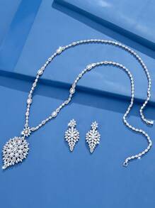 DV JEWELRY 3pcs Set Platinum Plated Zirconia Jewelry Set - Necklace & Earrings, Elegant For Women, Gift For Party, Anniversary