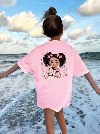 Tween 女童夏季休闲宽松卡通印花圆领落肩 T 恤