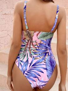 Women Leaf Print Sleeveless Romper Swimwear Summer Monokini Bathing Suit