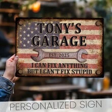 1 st. Aangepast tekst metalen logo persoonlijk garagebord, gepersonaliseerd garagebord, vintage Amerikaanse vlag, onherstelbare dwaze metalen bewegwijzering 8x12 inch