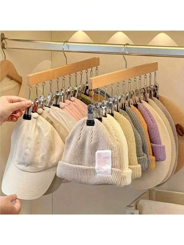 1pc 12 Clips Wooden Hat Hanger, Clothes Drying Rack For Underwear, Ties, Camisoles, Scarves, Belts, Household Storage Organizer For Bathroom, Bedroom, Closet, Wardrobe, Home, Dorm