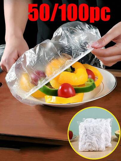100 件一次性保鲜膜、浴帽、鞋套、加厚厨房保鲜膜、加厚厨房保鲜膜、家用冰箱食品保鲜膜、弹力拉伸罩、厨房冰箱水果食品保护袋防尘袋食品储存罩、剩菜碗盖、家用户外野餐