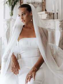 1pc Fashionable Pleated Veiling Long Bridal Veil With Comb, 1.5m Length, Suitable For Church Wedding, Reception Fall Clothes For Women - Beige - View 2