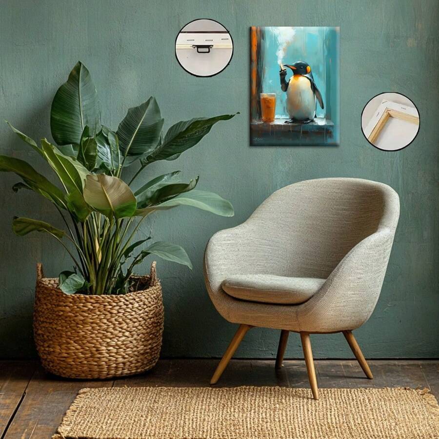 1 Pc Fantastic Penguins With Drinks And Cigarettes Wooden Framed  Canvas Painting Thickness 2.25cm/0.9inch High Quality Wall Art Prints Poster Direct Hanging Wall Picture Decor For Home Gifts, Living Room, Bathroom, Bedroom, Kitchen